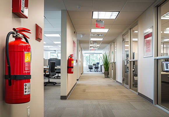 office corridor featuring a fire extinguisher and modern workspace with chairs and plants safety equipment against the wall 2 fire safety measures